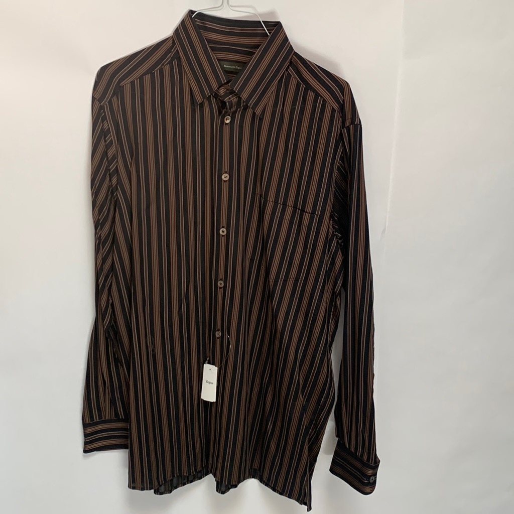 Black And Brown Bold Stripe  Front Pocket  Hidden Buttoned Collar